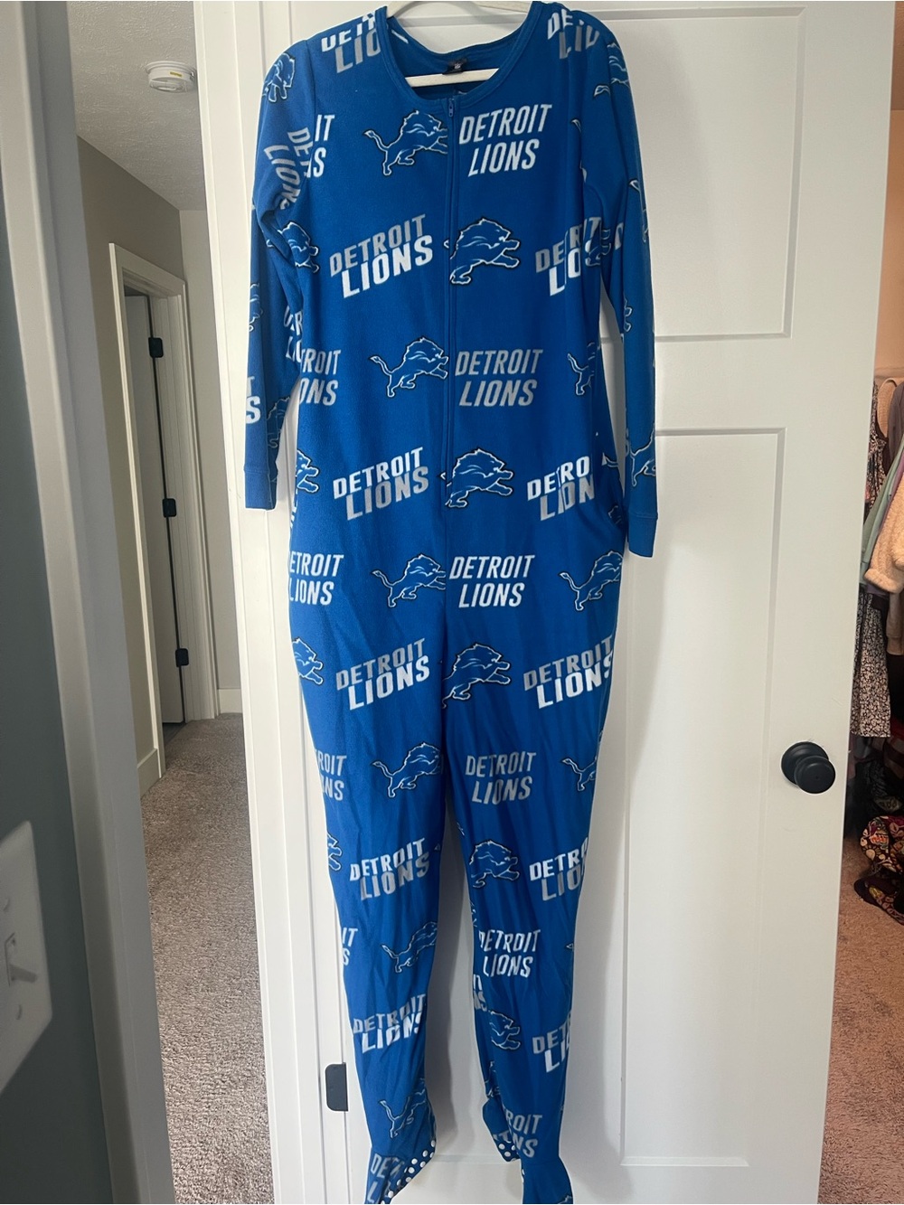 NFL Detroit Lions Royal Blue All-Over Logo Women’s Footed One-Piece Pajama